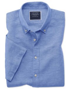 Cotton/linen Cotton Linen Twill Short Sleeve Shirt - Bright Blue