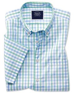 Cotton Short Sleeve Gingham Soft Washed Non-Iron Tyrwhitt Cool Shirt - Green And Blue