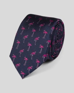 Flamingo Silk Slim Motif Tie - Navy & Pink