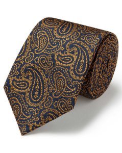 Gold And Navy Silk Textured Paisley Classic Tie