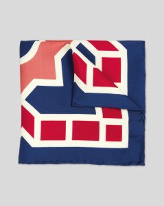 Silk Large Tile Print Pocket Square - Navy & Red