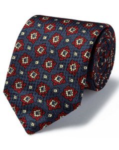 Silk Navy And Red Geo Multi Print Textured English Luxury Tie