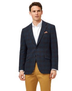 Slim Fit Blue Check Textured Wool Jacket