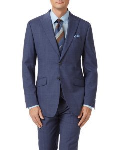 Wool Airforce Blue Slim Fit Panama Check Business Suit Jacket
