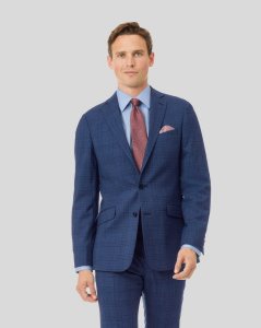 Wool Merino Business Check Suit Jacket - Blue