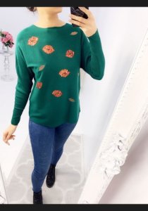 Addy Sequin Lips Detailed Knitted Jumper  - Emerald