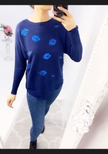 Addy Sequin Lips Detailed Knitted Jumper  - Navy