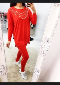 Lalah Knitted Pearl Diamante Loungewear Set  - Red