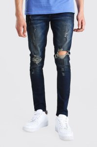 Mens Blue Super Skinny Ripped Knee Jeans With Oil Wash, Blue