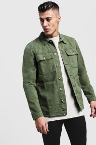 Boohooman - Mens green cotton twill 4 pocket utility overshirt, green