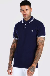 Mens Navy Crown Embroidered Tipped Pique Polo, Navy