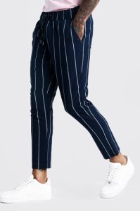 Boohooman - Mens navy skinny wide set stripe smart cropped jogger trouser, navy