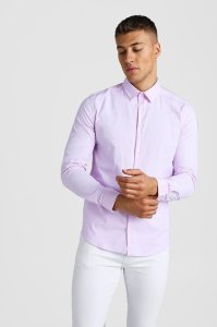 Mens Pink Long Sleeve Muscle Fit Textured Formal Shirt, Pink