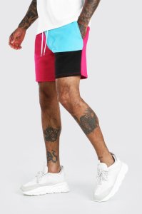 Mens Pink MAN Mid Length Patchwork Colourblock Jersey Shorts, Pink