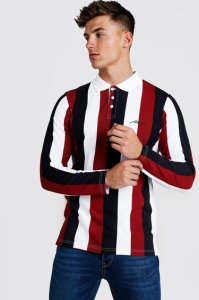 Mens Red MAN Signature Stripe Pique Long Sleeve Polo, Red