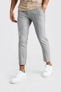 Mens Skinny Grey Stripe Smart Cropped Trouser, Grey