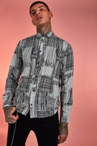 Mens White Abstract Patchwork Long Sleeve Shirt, White