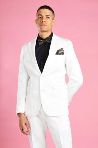Mens White Skinny Prom Floral Jacquard Suit Blazer, White