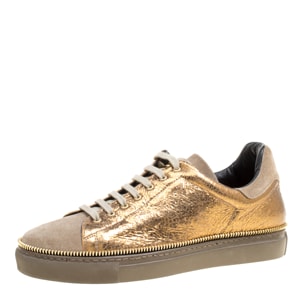 Alexander McQueen Dull Gold Crackled Gold Leather And Suede Zip Detail Sneakers Size 40