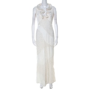 Alexander McQueen Ivory White Velvet & Lace Ruffle Collar Dress M