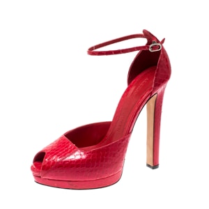 Alexander McQueen Red Python Peep Toe Ankle Strap Platform Sandals Size 38