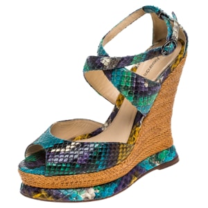 Alexandre Birman Multicolor Python Leather Wedge Platform Ankle Strap Sandals Size 37