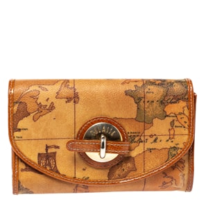 Alviero Martini 1A Classe Tan Geo Map Coated Canvas Flap Compact Wallet