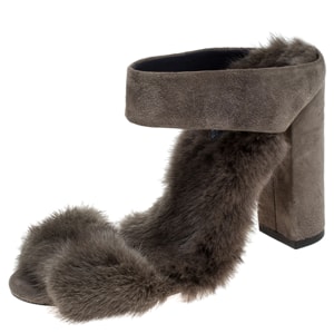 Aquazzura Grey Fur Purr Purr Ankle Strap Sandals Size 36.5