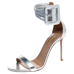 Aquazzura Silver Leather Casablanca Ankle Cuff Sandals Size 36.5
