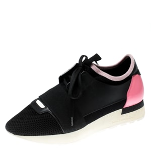 Balenciaga Black/Pink Leather And Mesh Race Runners Sneakers Size 37