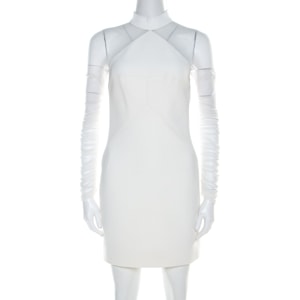 Balengiaga White Stretch Crepe and Tulle Ruche Sleeve Detail Shift Dress S