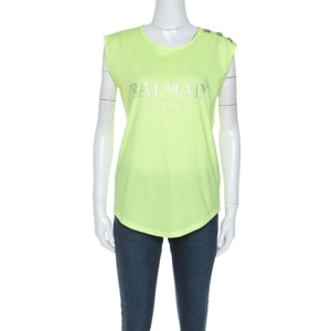 Balmain Neon Yellow Logo Print Cotton Sleeveless T-Shirt M