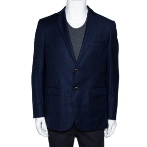 Balmain Super 120s Navy Blue Checkered Wool Slim Fit Blazer XL