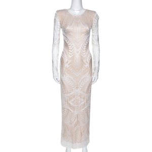 Balmain White Geometric Open Knit Long Sleeve Fitted Dress M