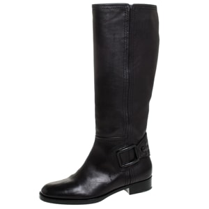 Bottega Veneta Black Leather Intrecciato Buckle Detail Knee Long Boots Size 39