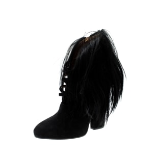 Bottega Veneta Black Suede and Fur Criss Cross Ankle Boots Size 38