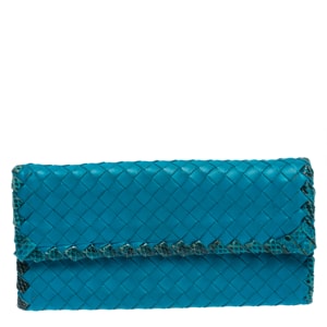 Bottega Veneta Blue Leather and Snakeskin Trim Flap Wallet