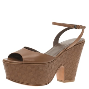 Bottega Veneta Brown Leather Intrecciato Platform Sandals Size 37.5