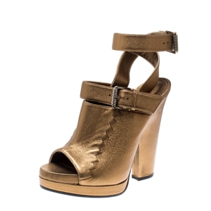 Bottega Veneta Metallic Gold Intrecciato Detail Leather Buckle Peep Toe Platform Sandals 39