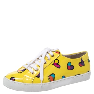 Boutique Moschino Yellow Patent Leather Heart Low Top Lace Up Sneakers Size 38