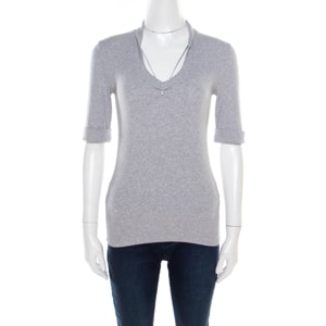 Brunello Cucinelli Grey Ribbed Cotton Sparkle Bead Embellished Top L
