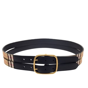 Burberry Black/Beige House Check Canvas and Leather Lynton Double Strap Belt 85CM