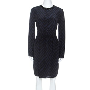 Burberry Black & Blue Printed Silk Collar Detail Midi Dress M