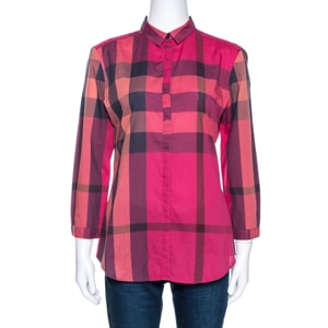 Burberry Brit Fuschia Pink Checked Cotton Gathered Detail Shirt S