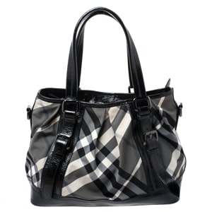Burberry Grey/Black Beat Check Canvas And Patent Leather Lowry Tote