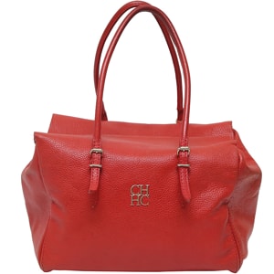 Carolina Herrea Red Pebbled Leather Satchel Bag