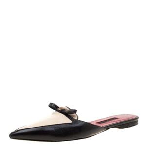 Carolina Herrera Black/Cream Leather Bow Detail Pointed Toe Mules Size 37