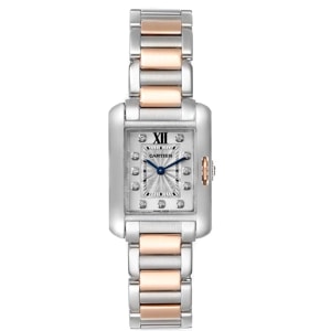 Cartier Silver Diamonds Stainless Steel And 18K Rose Gold Tank Anglaise WT100024 Women's Wristwatch 30 x 22 MM