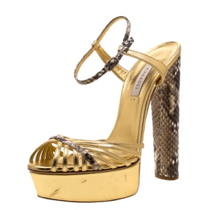 Casadei Gold/Beige Leather and Python Trim Strappy Platform Open Toe Sandals Size 38