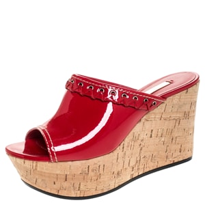 Casadei Red Patent Leather Cork Platform Wedge Sandals Size 37.5